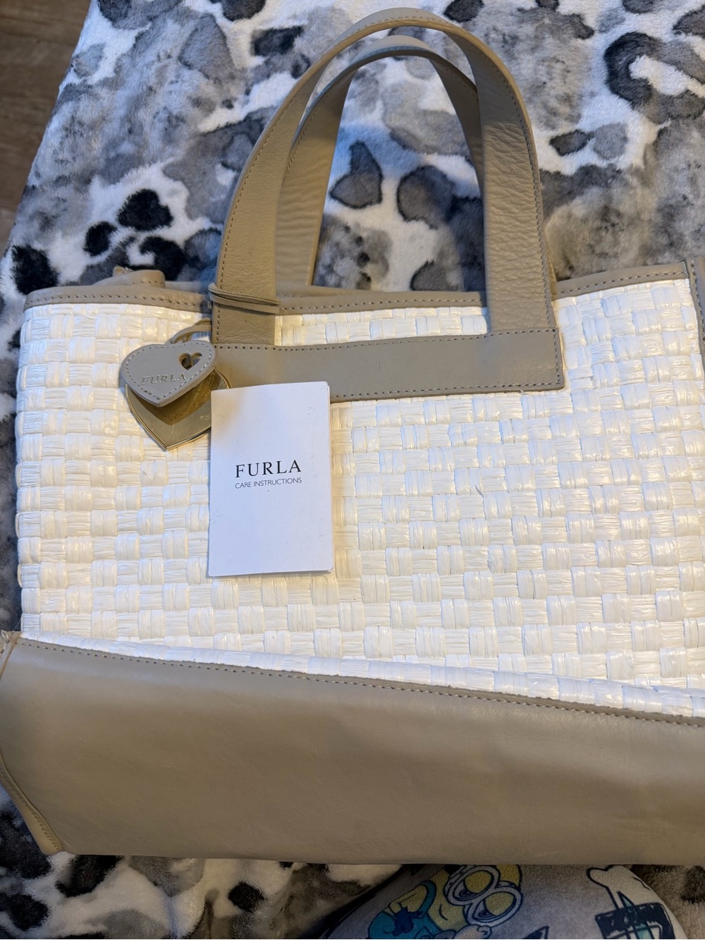 Furla White Woven Tote with Taupe Leather Trim